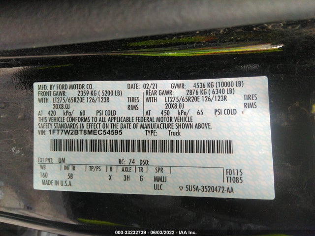 2021 Ford F-250, VIN: 1FT7W2BT8MEC54595