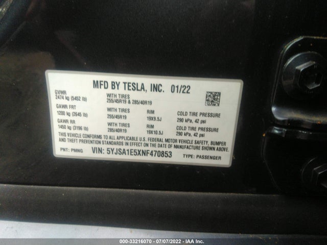 2022 Tesla Model S, VIN: 5YJSA1E5XNF470853