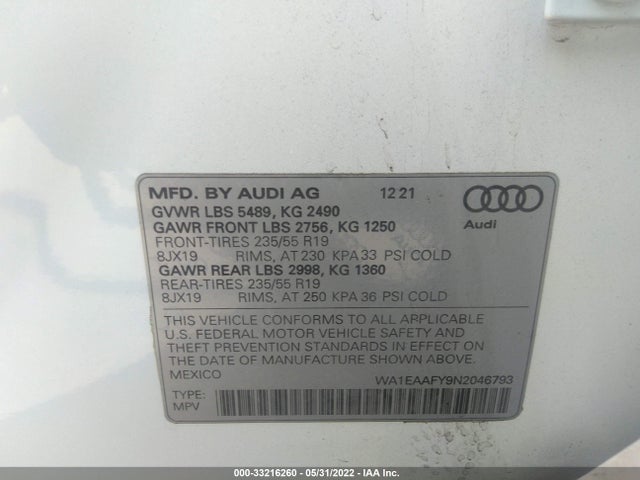 2022 Audi Q5, VIN: WA1EAAFY9N2046793