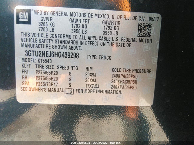 2017 GMC Sierra, VIN: 3GTU2NEJ6HG439298
