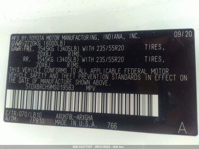 2021 Toyota Highlander, VIN: 5TDXBRCH9MS019583