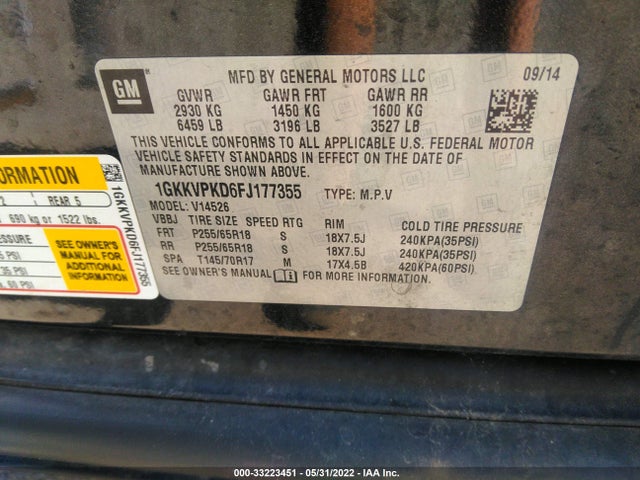 GMC ACADIA SLE 2015 1GKKVPKD6FJ177355 Image 9