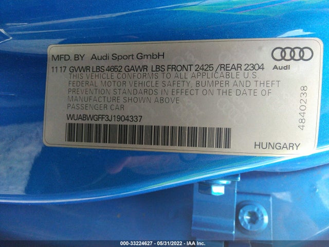 2018 Audi RS 3, VIN: WUABWGFF3J1904337