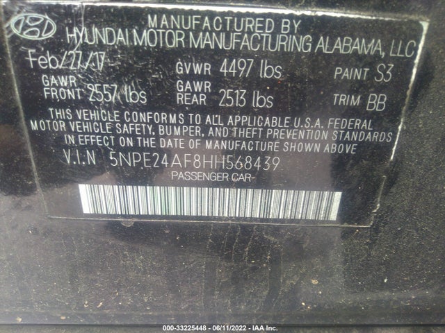 5NPE24AF8HH568439 Hyundai SONATA SE