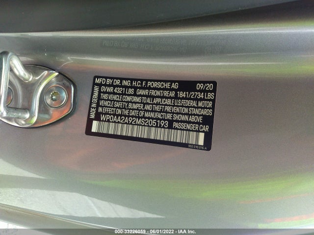 2021 Porsche 911, VIN: WP0AA2A92MS205193