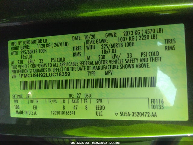 2020 Ford Escape, VIN: 1FMCU9H92LUC18359