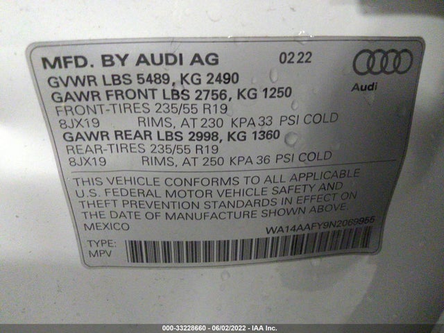 2022 Audi Q5, VIN: WA14AAFY9N2069955