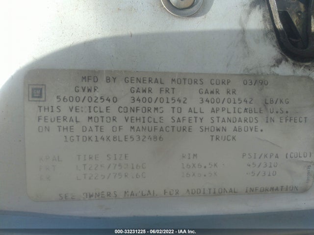 1990 GMC SIERRA VIN: 1GTDK14K8LE532486