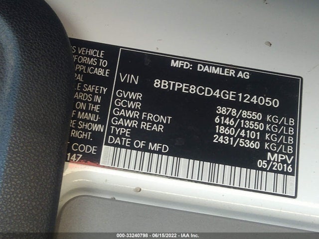 2016 Mercedes-Benz Sprinter, VIN: 8BTPE8CD4GE124050