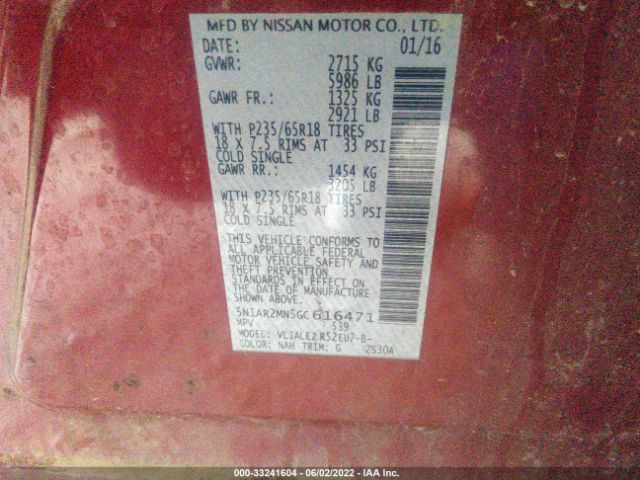 5N1AR2MN5GC616471 Nissan Pathfinder S/sv/sl/platinum