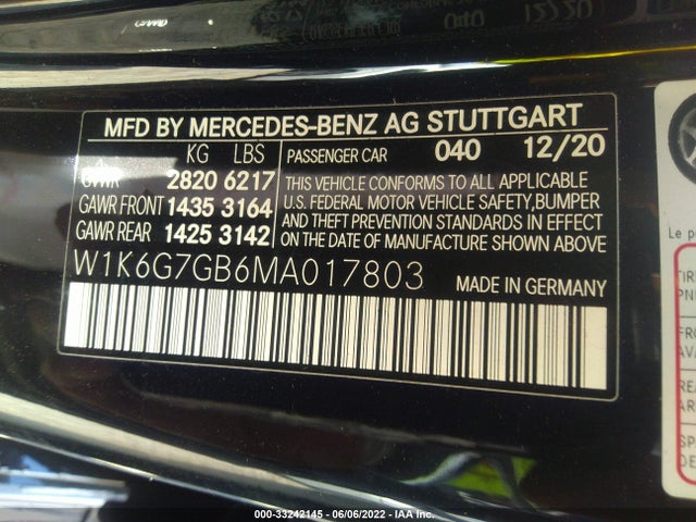 2021 Mercedes-Benz S-Class, VIN: W1K6G7GB6MA017803