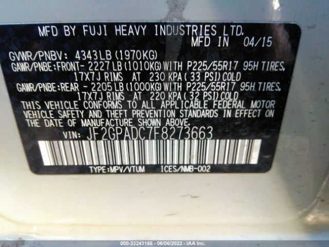 JF2GPADC7F8273663 Subaru Xv Crosstrek Premium