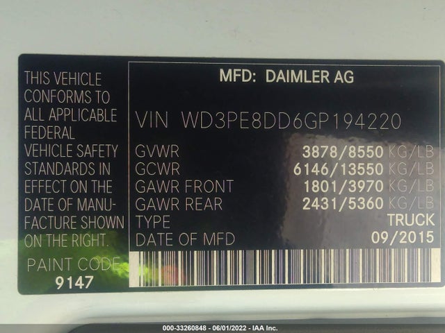 2016 Mercedes-Benz Sprinter, VIN: WD3PE8DD6GP194220