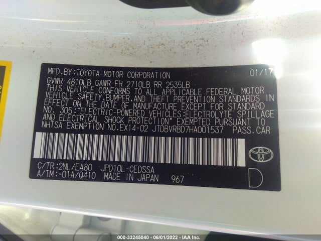 2017 Toyota Mirai, VIN: JTDBVRBD7HA001537