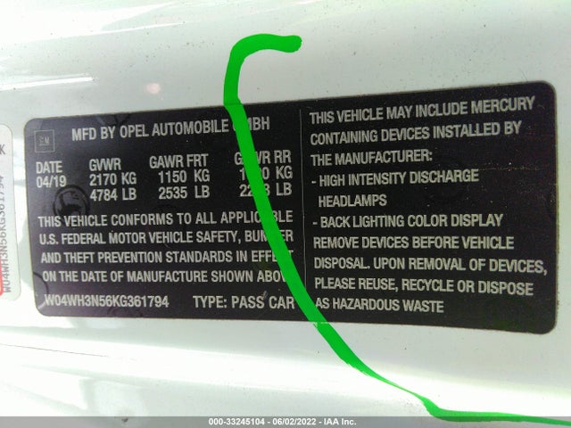 2019 Buick Cascada, VIN: W04WH3N56KG361794