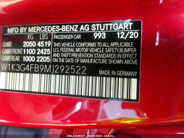 2021 Mercedes-Benz A-Class, VIN: W1K3G4FB9MJ292522