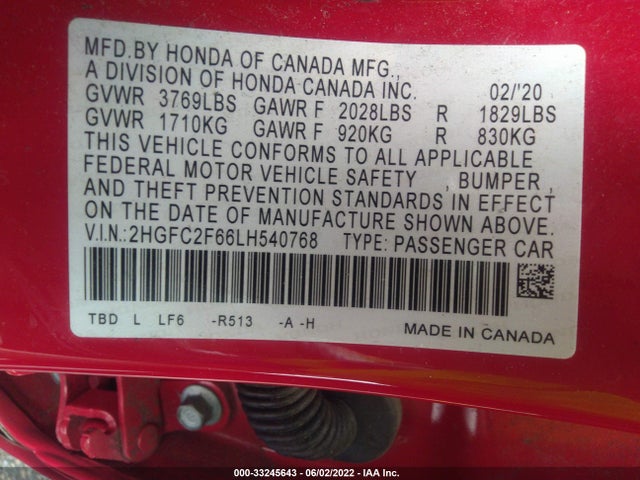 2020 HONDA CIVIC SEDAN LX VIN: 2HGFC2F66LH540768