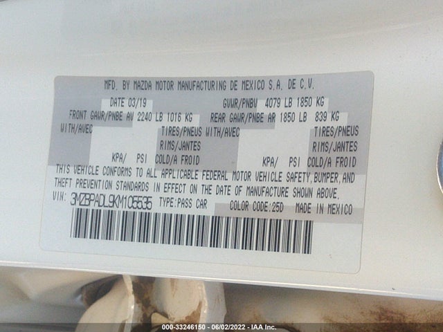 2019 Mazda 3, VIN: 3MZBPADL9KM105535