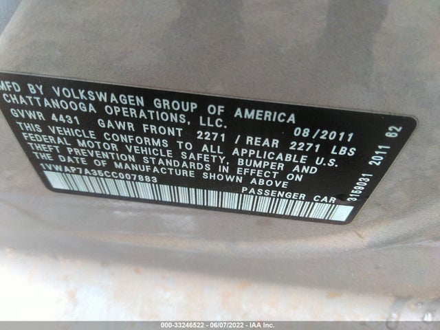 2012 VOLKSWAGEN PASSAT VIN: 1VWAP7A35CC007883