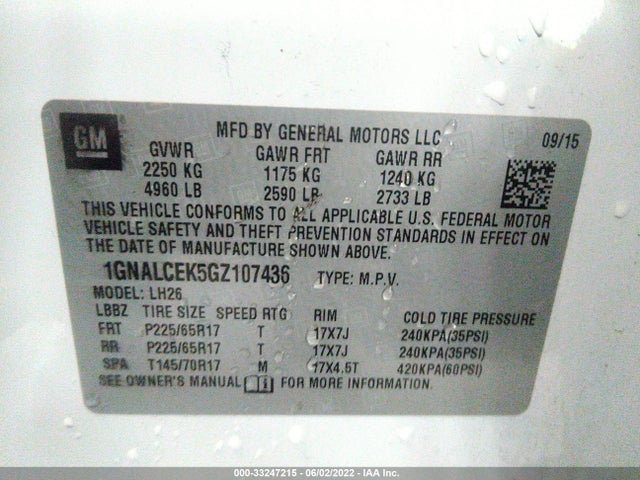 Chevrolet EQUINOX LT 2016 1GNALCEK5GZ107436 Image 10