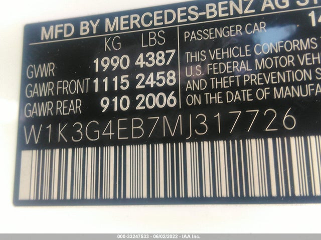 2021 Mercedes-Benz A-Class, VIN: W1K3G4EB7MJ317726