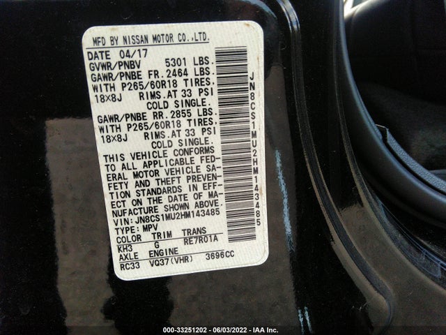 2017 Infiniti QX70, VIN: JN8CS1MU2HM143485