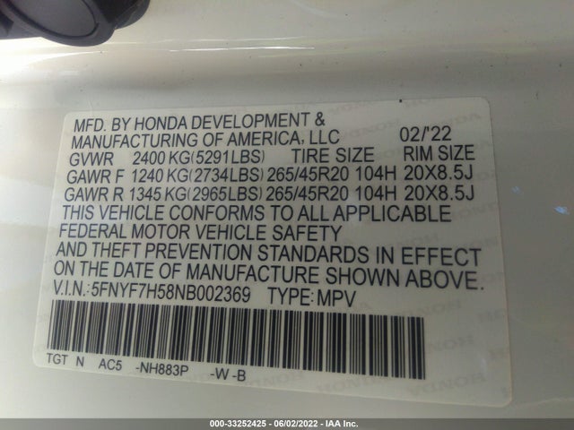 2022 Honda Passport, VIN: 5FNYF7H58NB002369