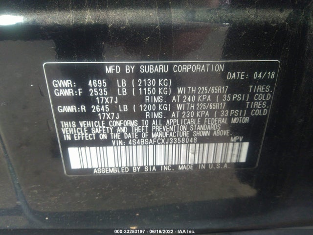 4S4BSAFCXJ3358048 Subaru Outback Premium