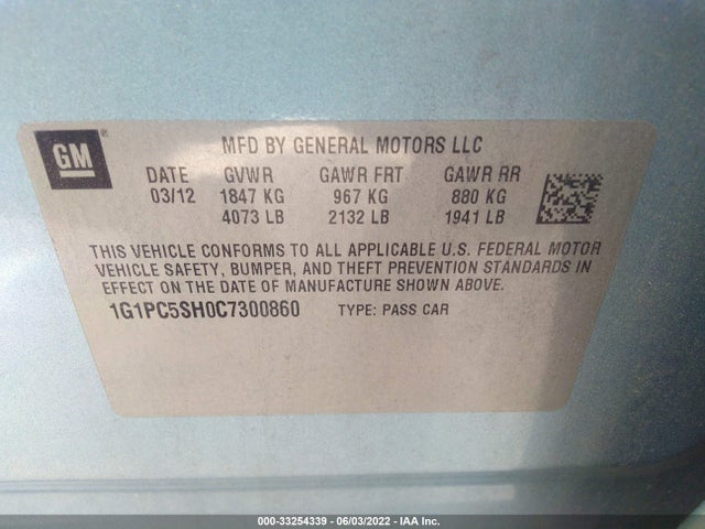 2012 CHEVROLET CRUZE VIN: 1G1PC5SH0C7300860