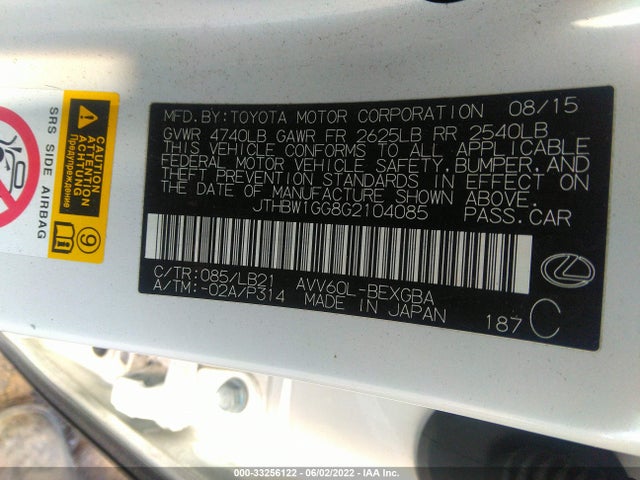 2016 Lexus ES, VIN: JTHBW1GG8G2104085