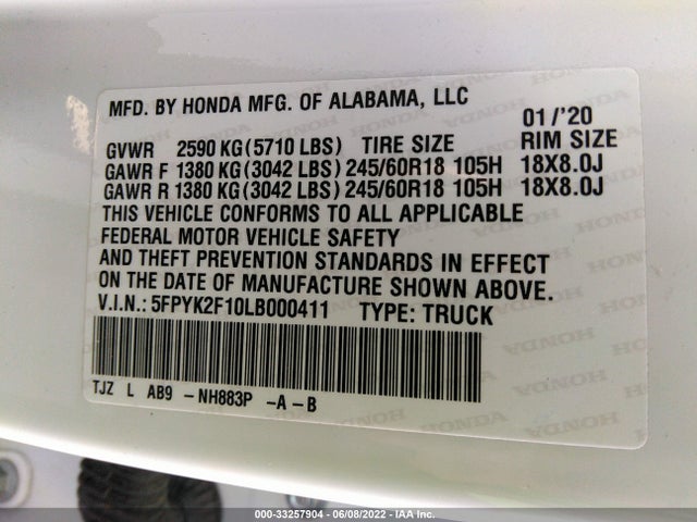 2020 Honda Ridgeline, VIN: 5FPYK2F10LB000411