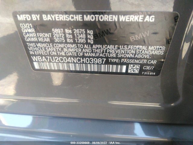 2022 BMW 7 Series, VIN: WBA7U2C04NCH03987