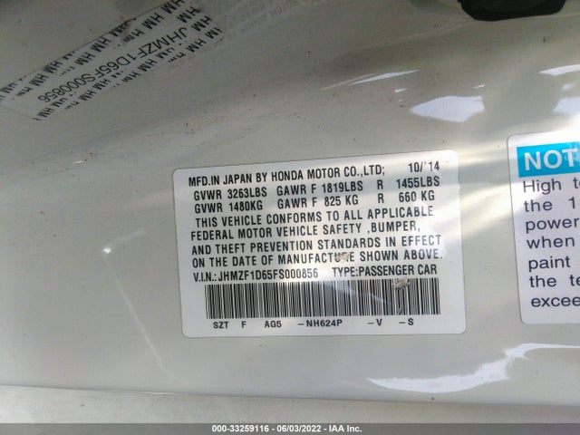 2015 Honda CR-Z, VIN: JHMZF1D65FS000856