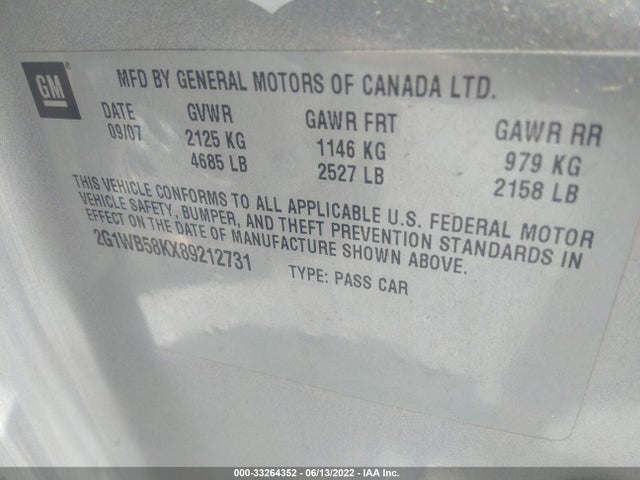 2008 CHEVROLET IMPALA VIN: 2G1WB58KX89212731