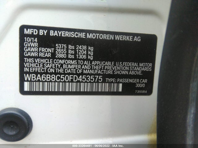 2015 BMW 6 Series, VIN: WBA6B8C50FD453575