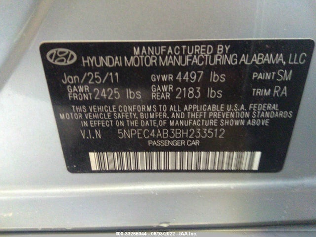 2011 HYUNDAI SONATA VIN: 5NPEC4AB3BH233512
