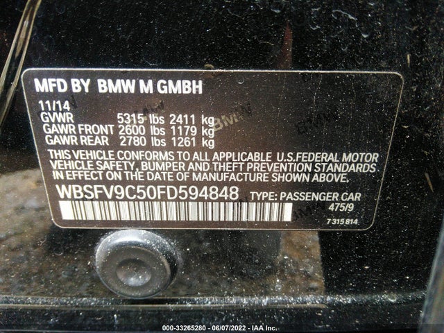 2015 BMW M5, VIN: WBSFV9C50FD594848