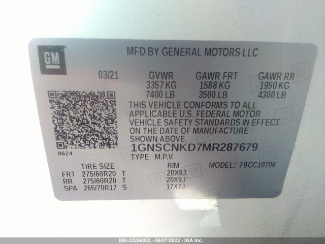Chevrolet Tahoe 2wd Lt 2021 1GNSCNKD7MR287679 Image 9