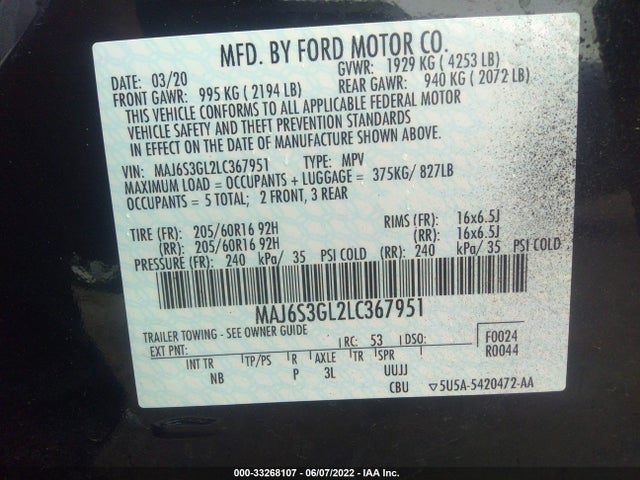2020 Ford Ecosport, VIN: MAJ6S3GL2LC367951