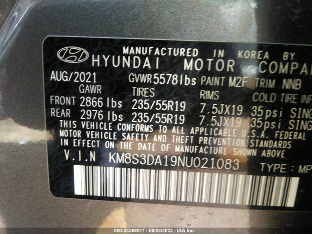 2022 Hyundai Santa Fe, VIN: KM8S3DA19NU021083