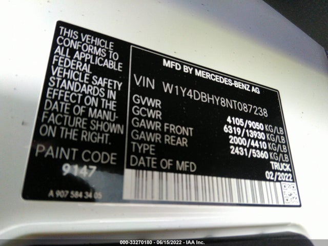 2022 Mercedes-Benz Sprinter, VIN: W1Y4DBHY8NT087238