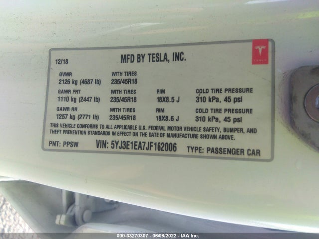 Tesla Model 3 Range Battery 2018 5YJ3E1EA7JF162006 Image 10