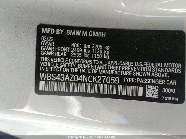 2022 BMW M4, VIN: WBS43AZ04NCK27059