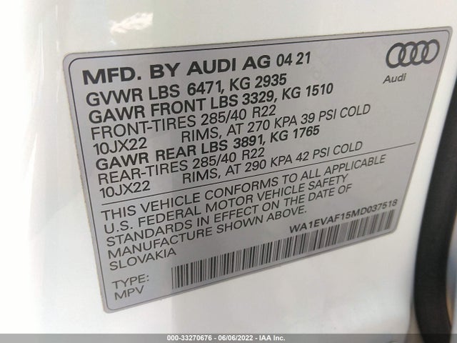 2021 Audi Q8, VIN: WA1EVAF15MD037518