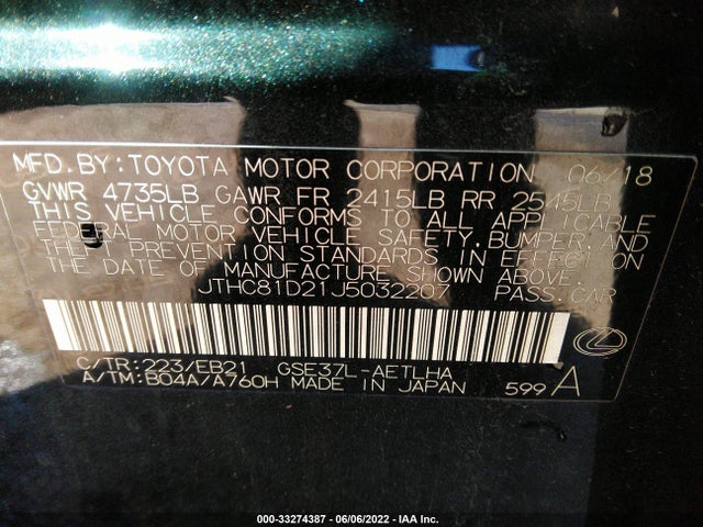 2018 LEXUS IS VIN: JTHC81D21J5032207