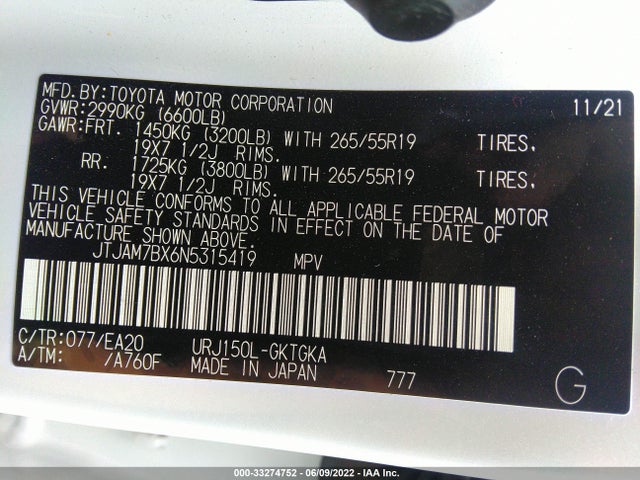 2022 Lexus GX, VIN: JTJAM7BX6N5315419