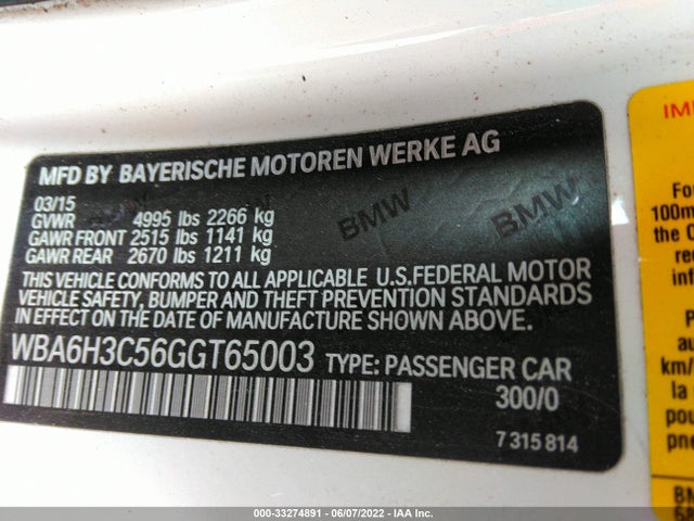 2016 BMW 6 Series, VIN: WBA6H3C56GGT65003
