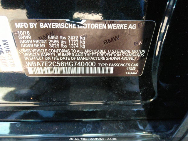 2017 BMW 7 Series, VIN: WBA7E2C56HG740400