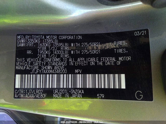2021 Lexus LX, VIN: JTJFY7AXXM4348200