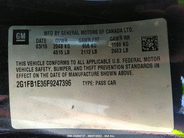 2015 Chevrolet Camaro, VIN: 2G1FB1E36F9247396